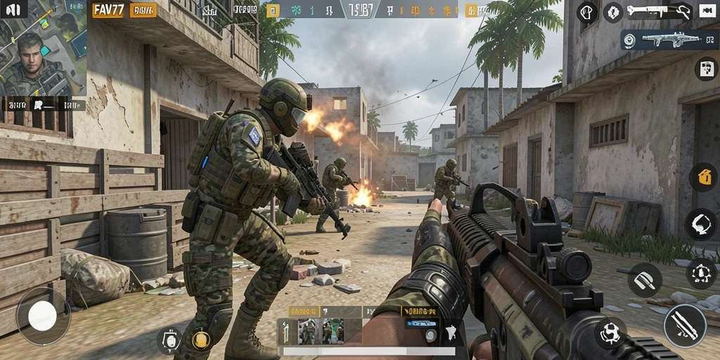 Screenshot gameplay FAV77 menampilkan pertempuran intens dalam mode FPS.